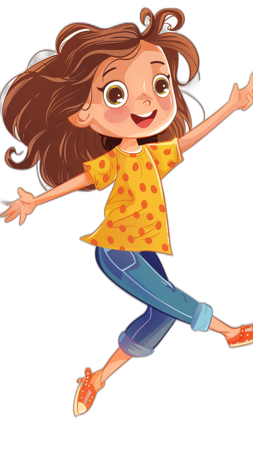 A cute girl with brown hair is jumping, wearing an orange and yellow polka dot shirt with blue pants, smiling, in the style of Pixar illustration, black background.