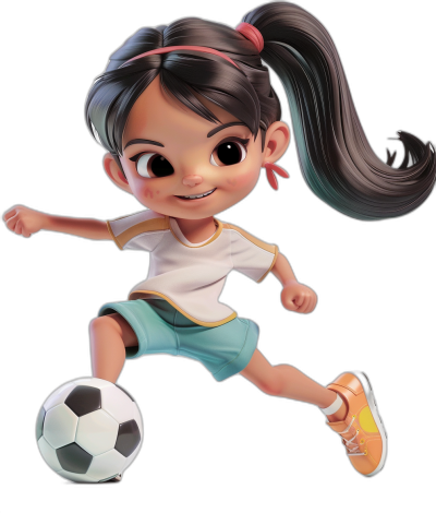 A cute little girl is playing football, wearing shorts and a white T-shirt with ponytails on her head. She has black hair tied in two pigtails, big eyes, long eyelashes, and fair skin. The girl has a Disney style cartoon character design in the style of Pixar animation with 3D rendering on a black background. The girl was running after the ball while kicking it.