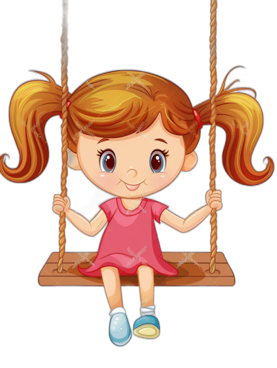 Cute cartoon girl sitting on the swing with a happy expression against a simple solid black background in the graphic design style of a vector illustration without shadow details. The high resolution cartoon character is a high quality, high definition, high detail illustration with the best resolution, detail, and quality render.