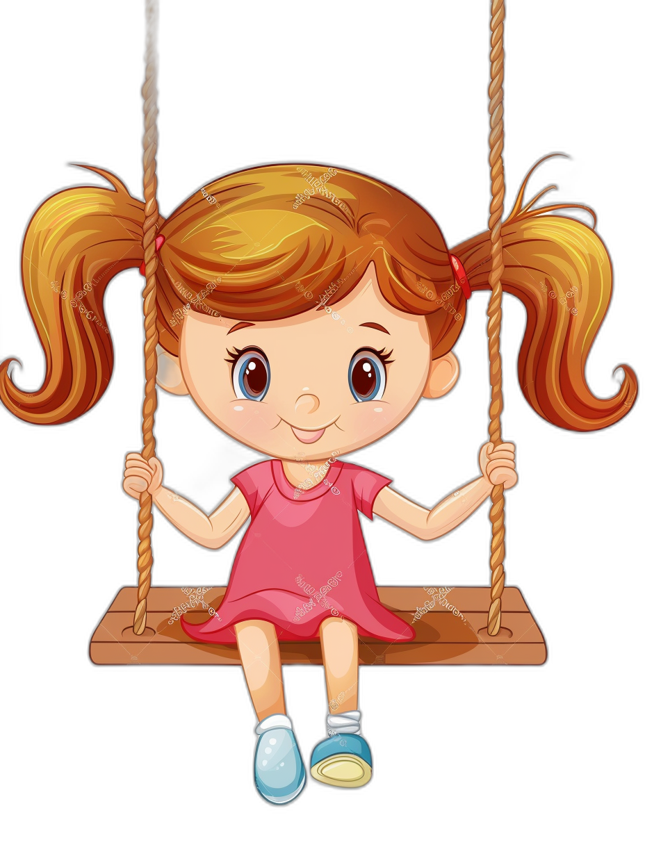 Cute cartoon girl sitting on the swing with a happy expression against a simple solid black background in the graphic design style of a vector illustration without shadow details. The high resolution cartoon character is a high quality, high definition, high detail illustration with the best resolution, detail, and quality render.