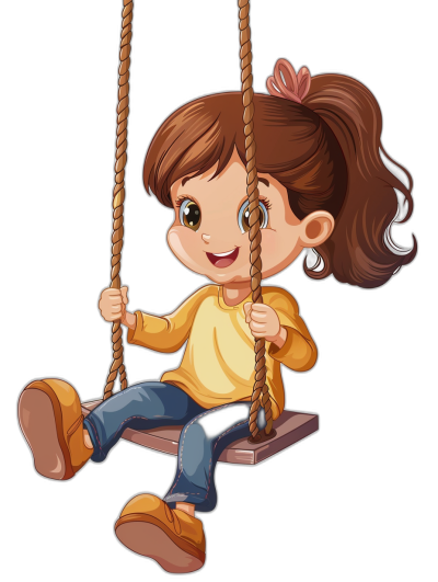 A cute cartoon girl sitting on the swing, smiling happily. She has brown hair and is wearing jeans and a yellow shirt. The scene shows her legs hanging off one end of the rope while she swings in midair. Her expression radiates happiness as if playing joyfully or having fun, with a focus on her face. The illustration is in the style of vector art with a black background.