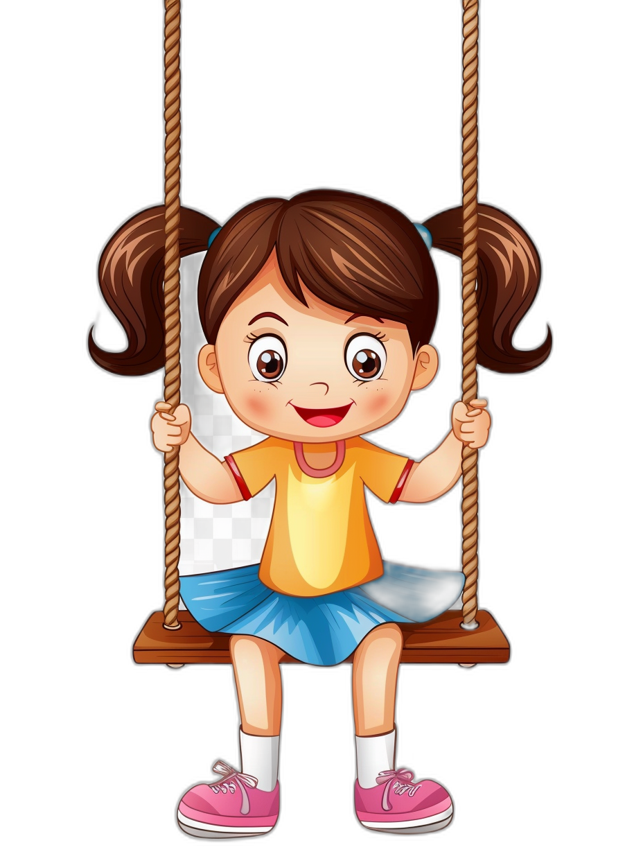 A cute cartoon girl sitting on the swing with a happy expression. The illustration is in a flat style against a black background with a simple design. It is a high resolution, full body portrait of the girl wearing a blue skirt, pink shoes and a yellow shirt with brown hair in double ponytails. She is holding onto the wooden stick of the rope swing as she swings up and down. The image has bright colors and is in the style of a flat illustration.