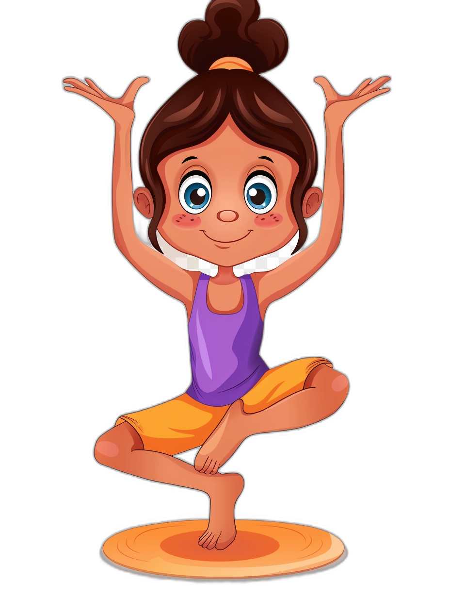 A cute cartoon girl doing yoga in the style of clip art, isolated on a black background, high resolution vector image.