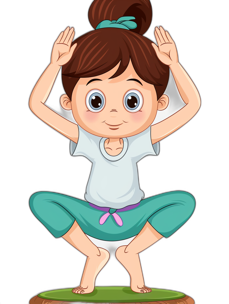 cartoon of cute little girl doing yoga, in a clip art style, isolated on a black background