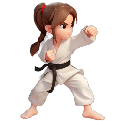 A cute girl doing karate, in a white gi with a black belt and brown hair in pigtails, full body, in the chibi style, isolated on the background, in the style of Pixar cartoon, in the style of game character design, 3d rendering, 45 degree side view, high quality, high resolution, high details, high contrast, black background, front lighting, hard shadows, strong lines.