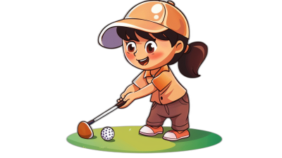 A cute little girl playing golf in a simple flat cartoon style with a black background and colorful colors. She is wearing brown , has short hair, wears an orange cap on her head, holds the club in one hand to hit the ball towards me, smiles slightly. In the style of Chinese Spring Festival atmosphere, vector illustration style, full body closeup, full body shot.