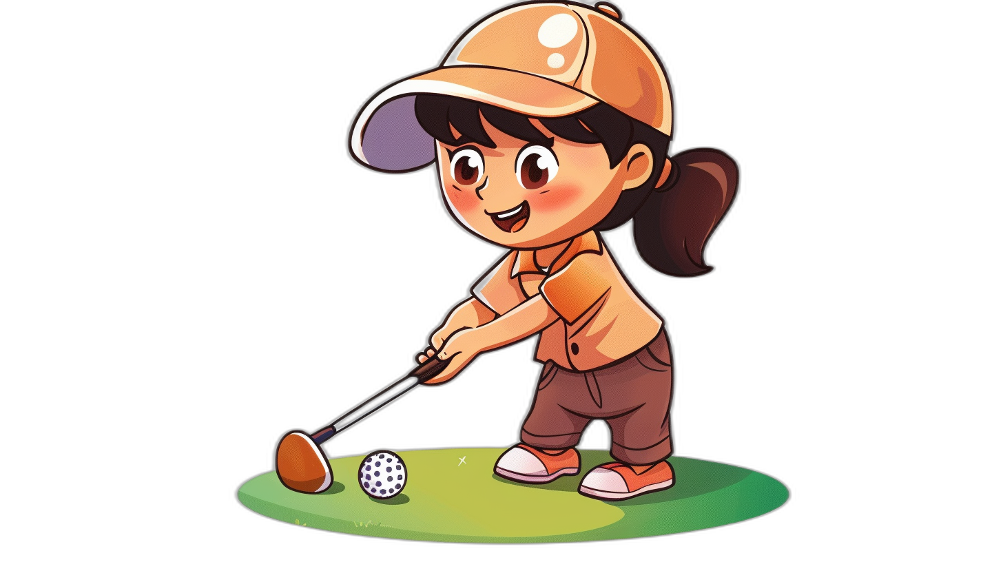 A cute little girl playing golf in a simple flat cartoon style with a black background and colorful colors. She is wearing brown , has short hair, wears an orange cap on her head, holds the club in one hand to hit the ball towards me, smiles slightly. In the style of Chinese Spring Festival atmosphere, vector illustration style, full body closeup, full body shot.