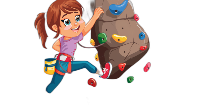 cartoon girl climbing rock wall, colorful and cute, in the style of clip art with black background