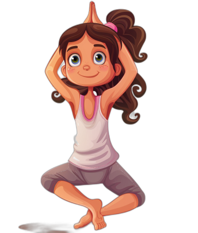 A cute girl doing yoga in a full body shot with a black background in the style of cartoon.