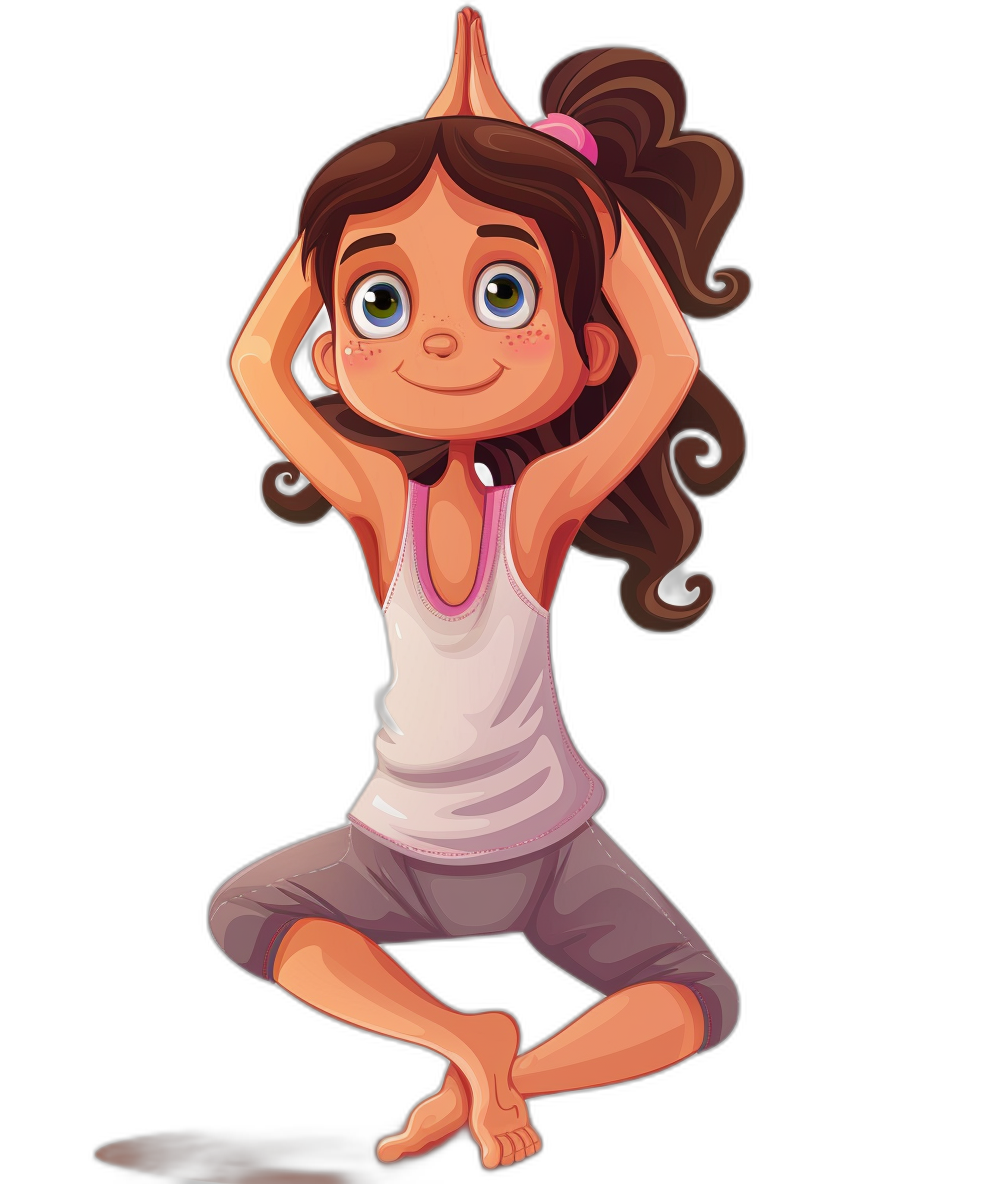 A cute girl doing yoga in a full body shot with a black background in the style of cartoon.