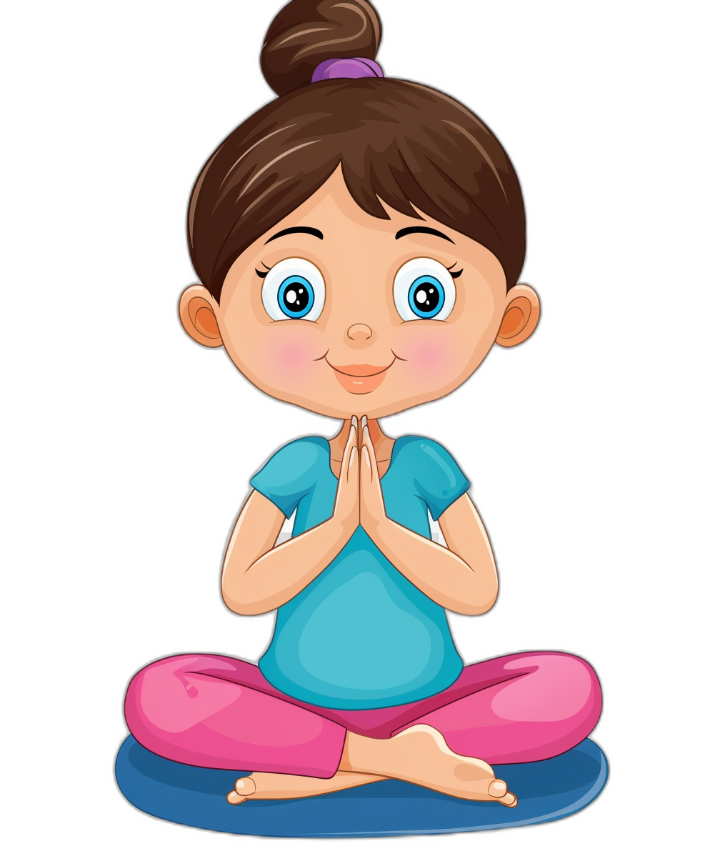 A cute cartoon girl doing yoga in a simple flat style illustration against a black background in the style of vector graphics. It is a full body portrait with simple details, the girl wearing pink and blue  and sitting crosslegged with hands clasped together in prayer and eyes closed, smiling expression on her face. The cartoon character design is in high definition and high resolution.