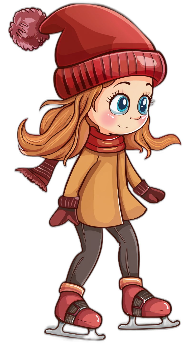 Cute cartoon girl ice skating, wearing a red hat and scarf with a brown coat. The illustration is in the style of a simple line drawing with flat black background. It is a high resolution, high quality vector illustration with simple lines and a 2D design.