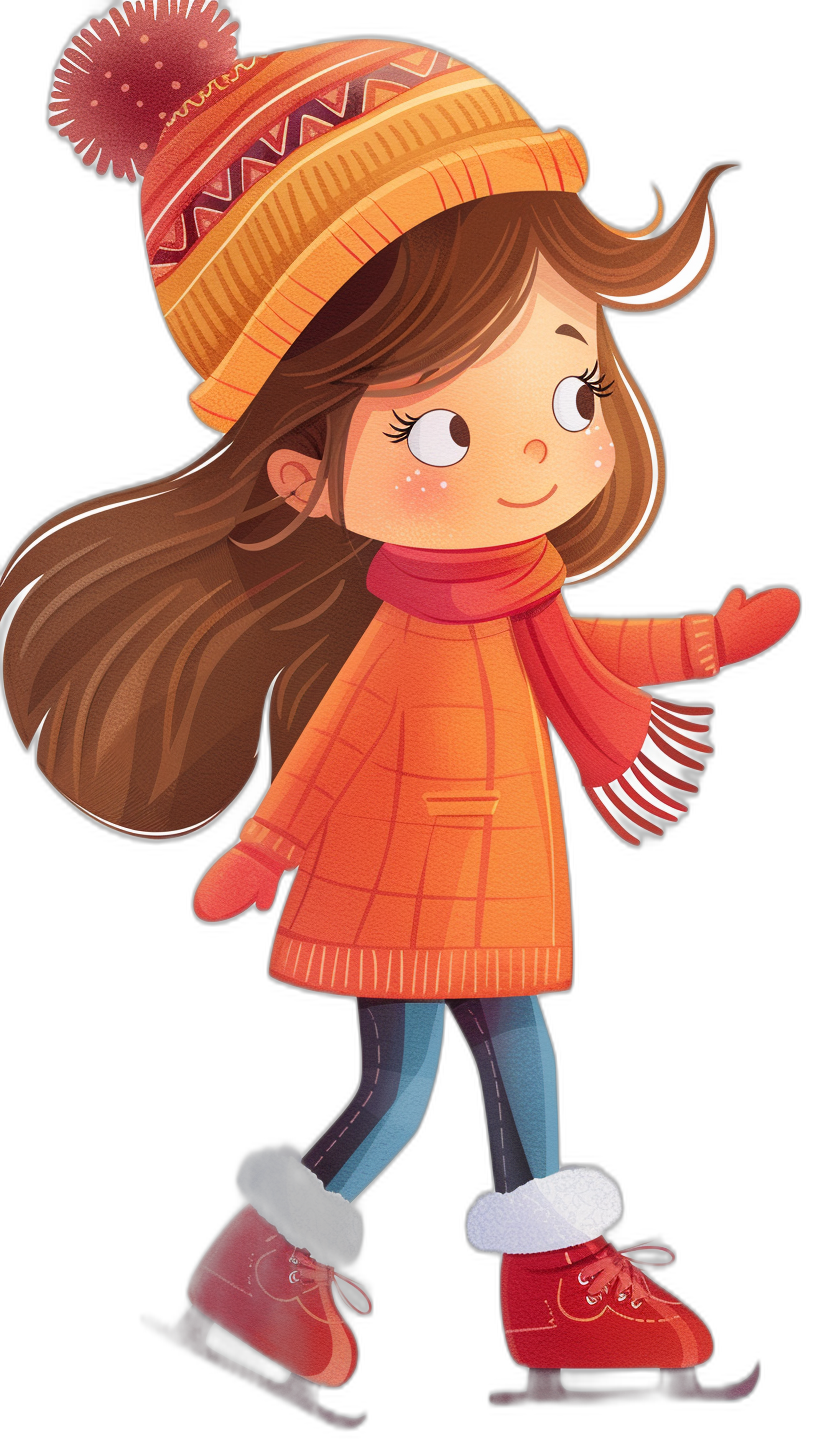 A cute girl wearing an orange coat, red gloves and hat ice skating in the style of clipart on a black background.