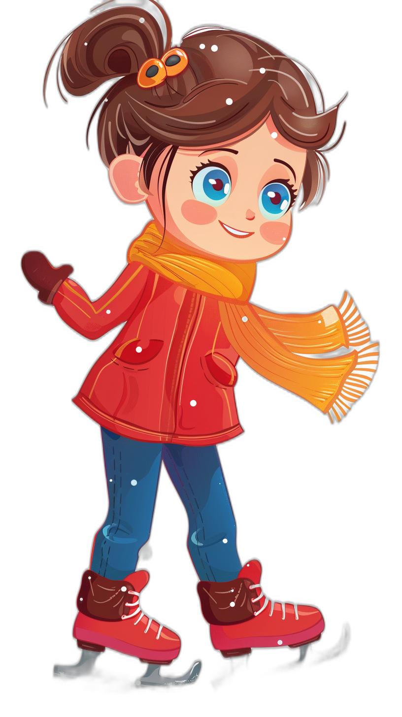 A cute little girl is ice skating, wearing red coat and blue jeans with orange scarf around her neck, holding hand warmers in one of his hands. She has big eyes and brown hair tied into pigtails. Vector illustration style. Black background.