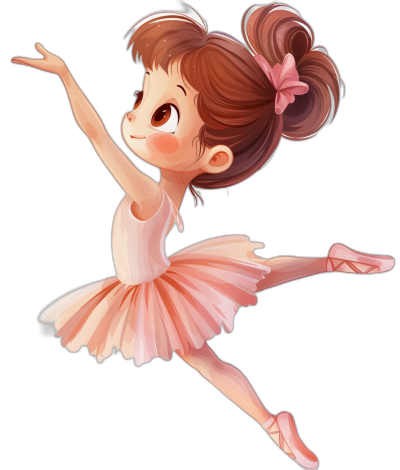 Cartoon ballerina in a pink tutu and ballet shoes in the style of a dancing pose, with cute brown hair in pigtails against a black background, vector art in a chibi style, high quality