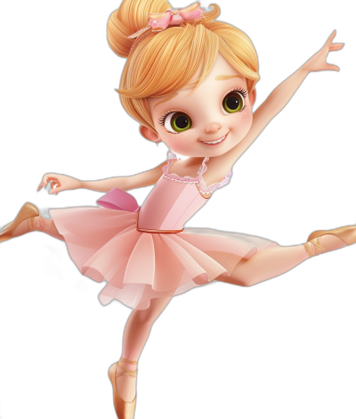 Cartoon ballerina in a pink tutu and ballet shoes, with blonde hair in a bun and bangs, big eyes, smiling and in a dancing pose, in the style of Disney Pixar on a black background, high resolution, high quality, high detail, with extreme details, appearing photo realistic, sharp focus, as if from a studio photography session, with soft lighting, rendered in octane.