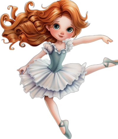 Cute ballerina in a white and blue dress with long red hair, in the chibi style, Disney cartoon illustration, on a black background, high resolution