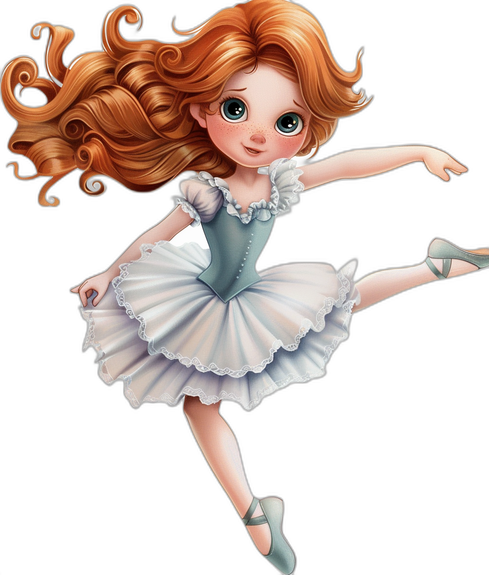 Cute ballerina in a white and blue dress with long red hair, in the chibi style, Disney cartoon illustration, on a black background, high resolution