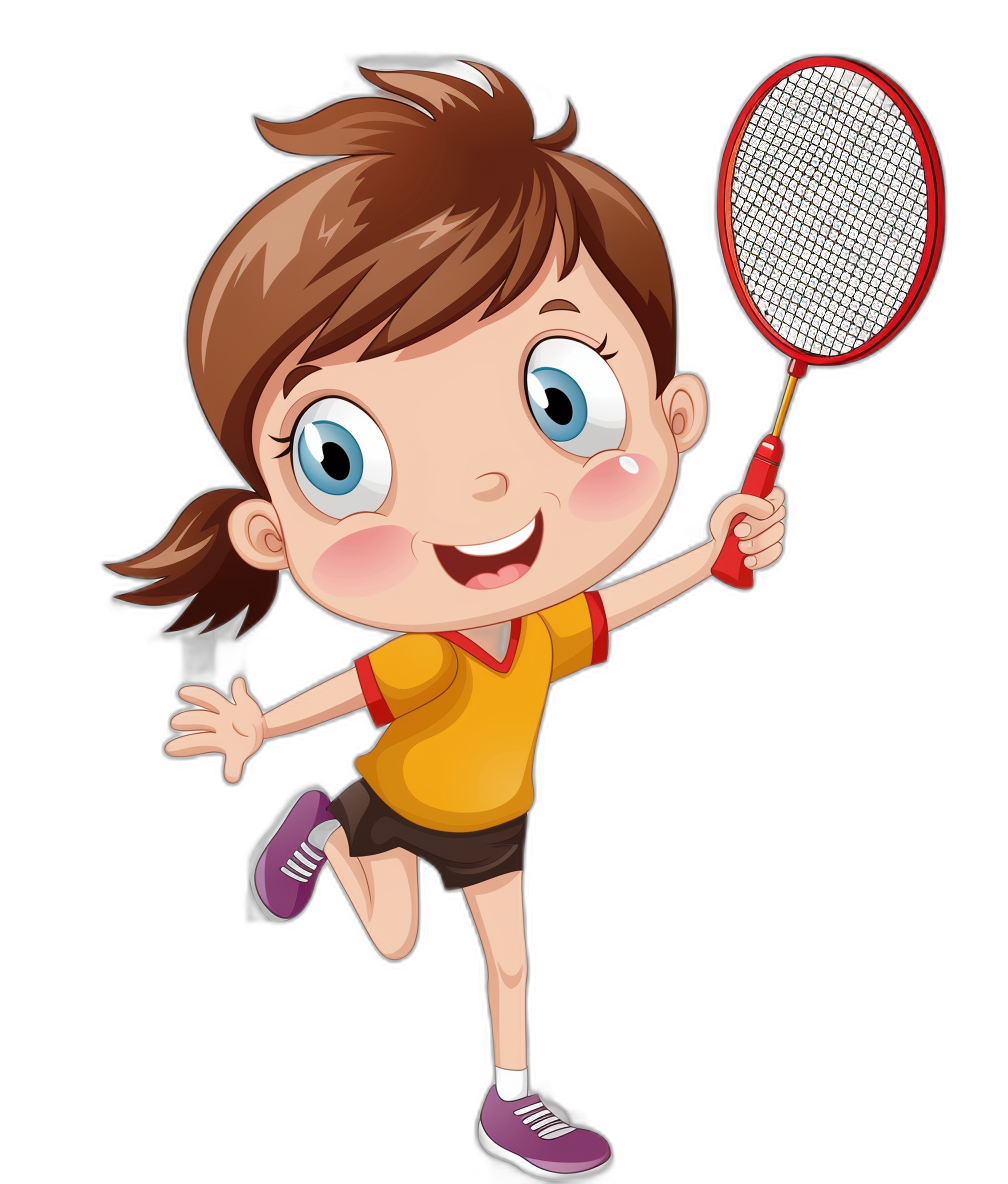 A cute little girl is playing badminton in a cartoon style, vector illustration with a black background. She has short brown hair and blue eyes, wearing an orange shirt and purple shoes, holding the racket in her hand ready to hit the ball. The character should be lively and cheerful with bright colors on her face showing excitement while smiling at the camera. Vector Illustration with a Black Background. Isolated on a white or transparent background.