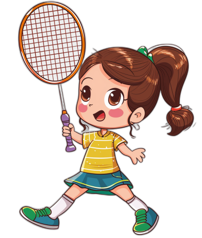 A cute chibi girl playing badminton in a clip art style with simple black color background.