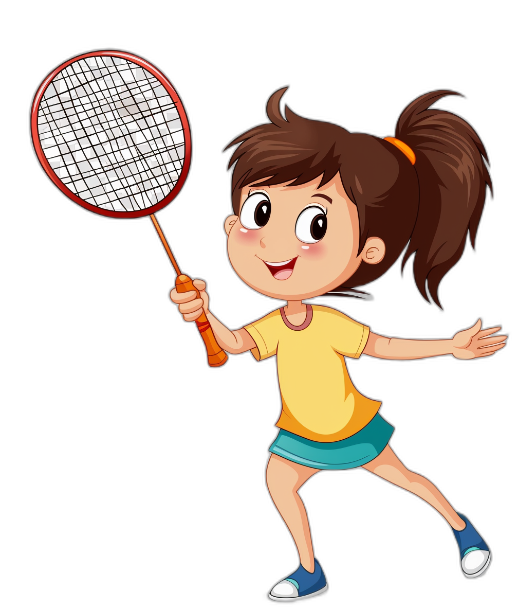 A cute little girl playing badminton in the style of clip art with a plain black background.