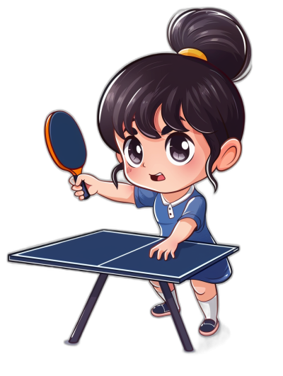 A cute chibi style anime girl playing table tennis with a black background, sticker design in the style of an anime artist.