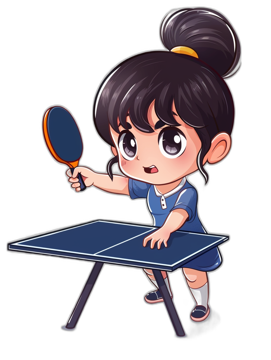 A cute chibi style anime girl playing table tennis with a black background, sticker design in the style of an anime artist.