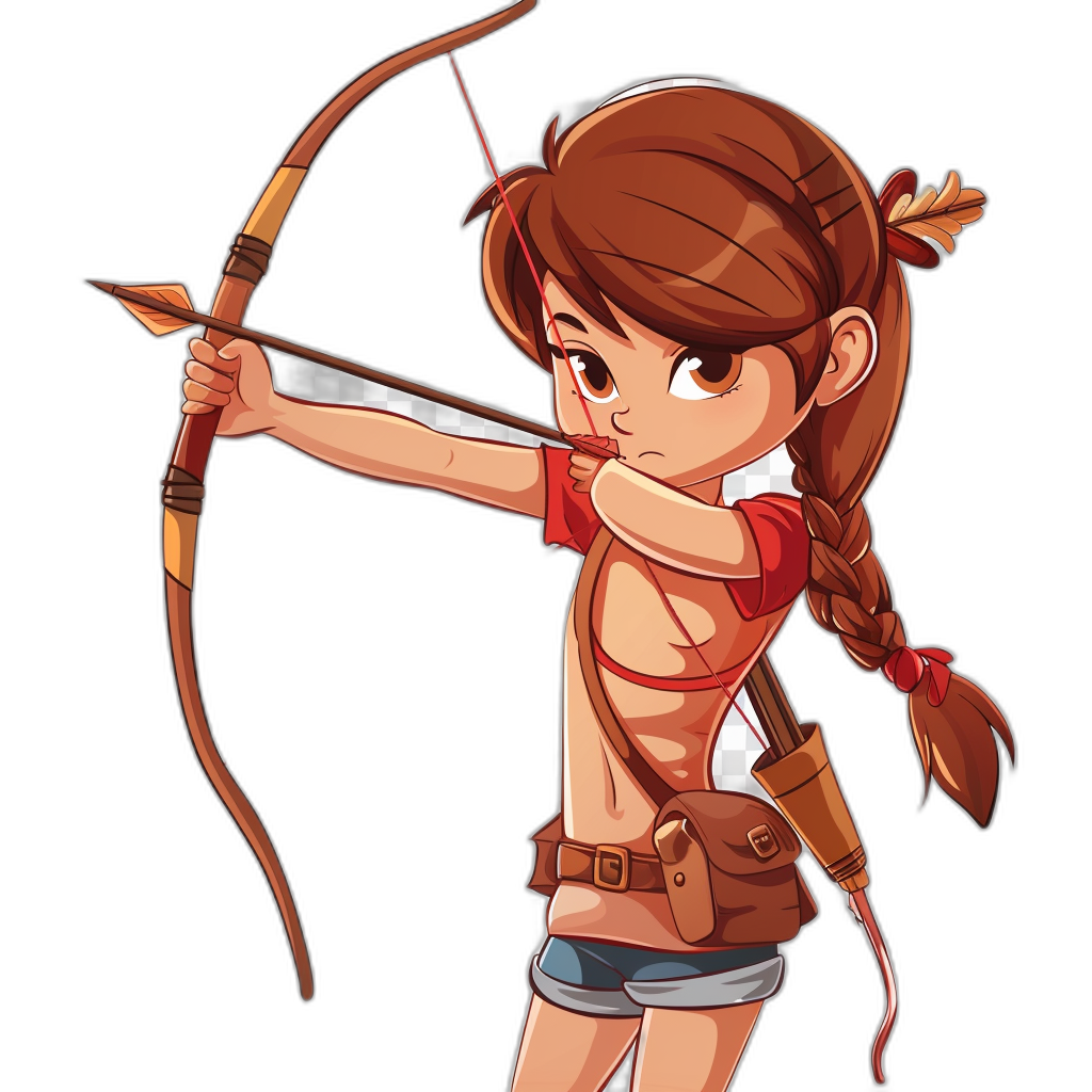 2D game art in the style of a cartoon archer girl shooting with a bow and arrow. She has brown hair in pigtails, wearing a red shirt, white vest, baggy jean shorts. Simple side view sprite cutout on a black background.