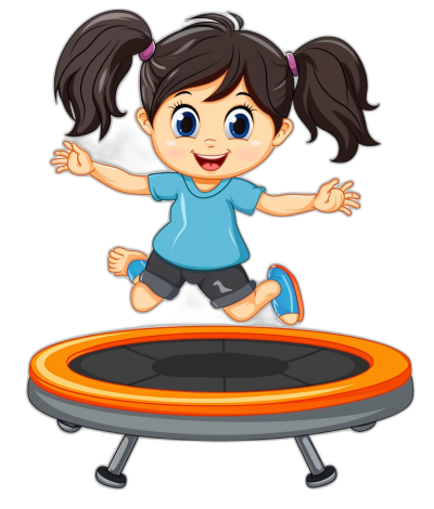 A cute cartoon girl is jumping on the trampoline in a vector illustration with a black background. She has big eyes and long pigtails tied in ponytails. She wears a blue shirt, dark gray shorts and sneakers with orange soles. The border of her appears to be slightly raised above the ground as if she's floating. Her expression looks happy or joyful. There should not be any text visible inside the design.