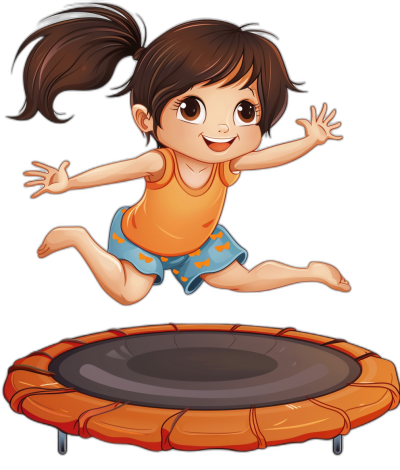 A cute little girl is jumping on the trampoline in a cartoon style vector illustration with a black background. She has brown hair and wears an orange tank top with blue shorts. The trampolines have visible borders for adding color. This design gives room to add your own colors or creativity in painting it in the style of children's book illustrations.