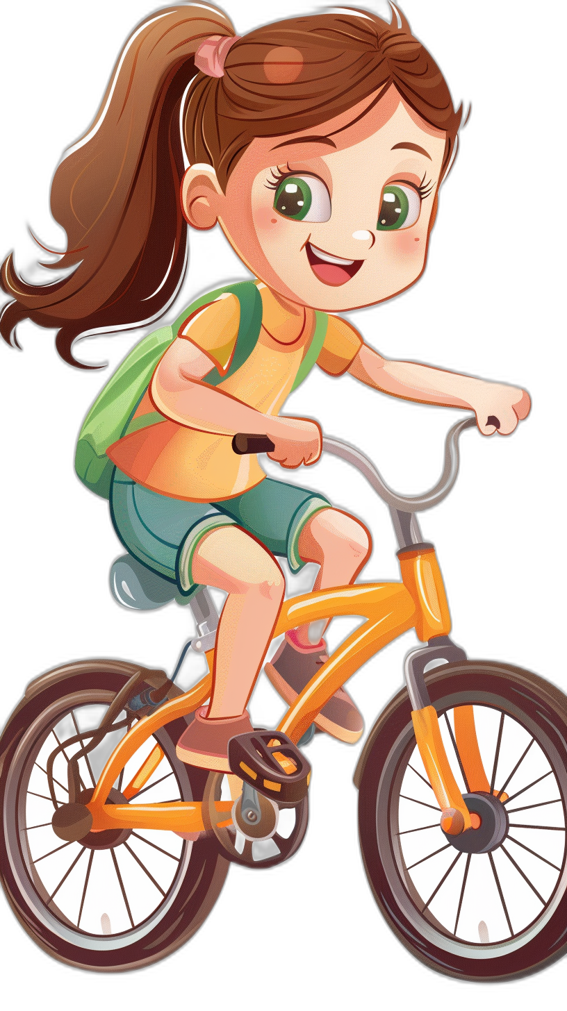 A cute little girl is riding an orange bike, cartoon style, simple lines, vector illustration, black background, flat design, colorful colors, children’s book illustration style, high resolution, high quality, high detail, high contrast, bright color tones, full body portrait, green eyes, smiling face. She has brown hair in pigtails and wears shorts with backpacks on her back.,,in