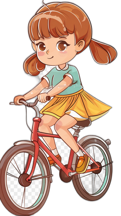 A cute little girl is riding her bicycle in an illustration with a sticker style and cartoon vector style with a black background. The character has big eyes and brown hair in pigtails. She wears an orange skirt over a blue t-shirt and yellow shoes. Her bike is red and the wheels have a white line on them. It's a sunny day and she looks happy while cycling.