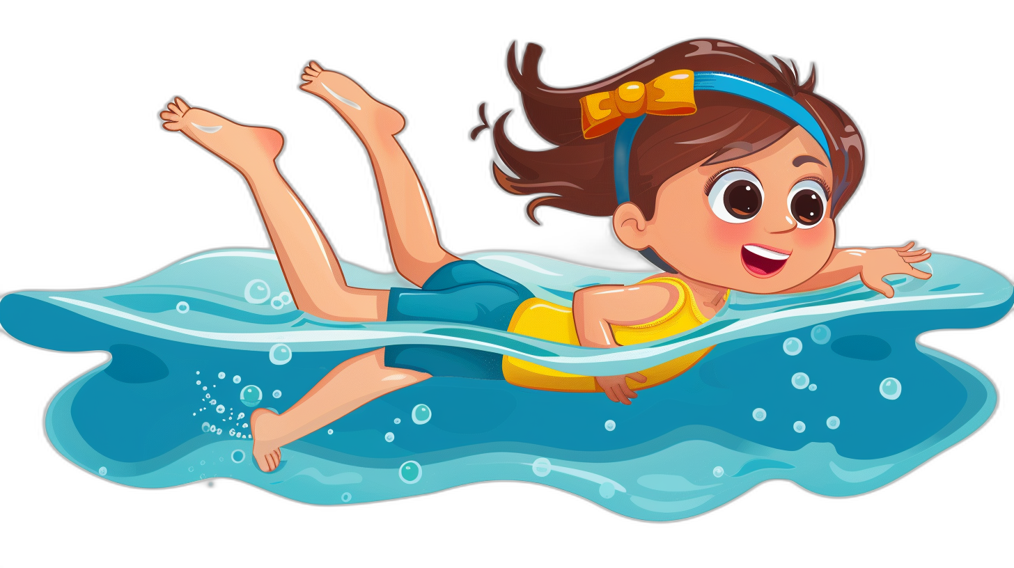 A cute little girl is swimming in the pool in a cartoon style vector illustration with a black background. She has dark brown hair and wears blue shorts with an orange headband on her forehead. The water splashes around as she swims. There is no text or letters visible. Her expression exudes joy and confidence. Vector graphics.