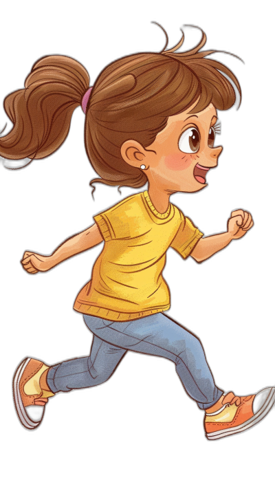 A cute cartoon girl is running, wearing yellow short sleeves and blue jeans with dark brown hair in pigtails. She has her head tilted to the side as she runs on black background. The illustration style should be vibrant and colorful, suitable for children's book illustrations. Emphasize exaggerated features like large eyes and a cheerful expression on his face.