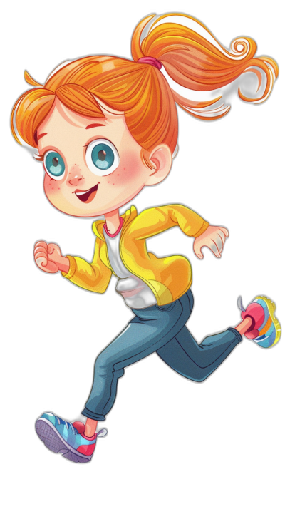 A cute cartoonish happy little girl with orange hair in pigtails, blue eyes and freckles is running fast wearing yellow jacket, dark jeans pants and colorful shoes. Black background. Pixar style character design. Full body shot.