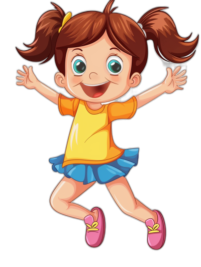 A cute cartoon girl is jumping up with a happy expression. The illustration is in the vector style with a simple stroke structure. The background is black with a colorful skirt design. She is wearing pink shoes on her feet and has brown hair in pigtails. She has big eyes, a smiling face, and is wearing a yellow t-shirt and a blue short dress. The style is similar to children's book illustrations with a cartoon style using simple color blocks at a high definition resolution.