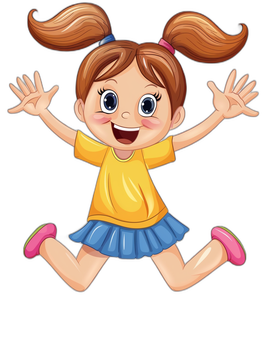 A cute happy girl with pigtails jumping in the air in the style of clip art on a black background.