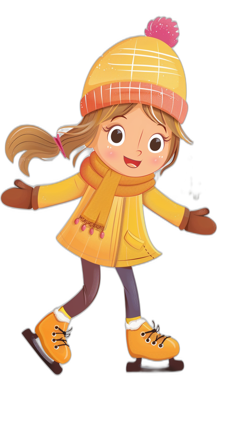 Cute girl wearing a yellow coat, orange hat and gloves skating on ice skates in the style of a clip art style, as a flat illustration, on a black background, with a simple design, as a vector file, colorful, as a cute cartoon character, at a high resolution, in the style of a professional photograph, as a very detailed drawing.