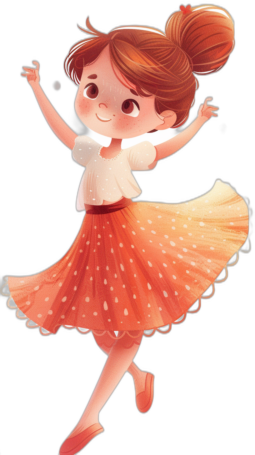 A cute girl wearing an orange skirt is dancing, with a black background and cartoon style. She has brown hair in pigtails, big eyes, long eyelashes, white skin, red shoes on her feet, hands raised to the sky, happy expression, high detail. She is dancing in the style of a cartoon.