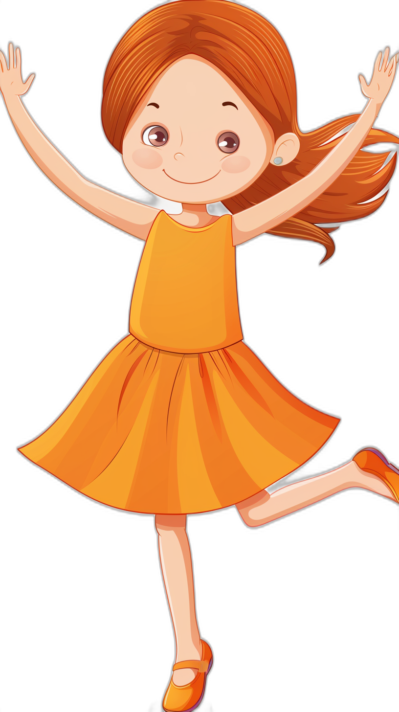 A cute happy girl in an orange dress is jumping in the style of cartoon, simple drawing with black background, clip art for stickers, high quality.