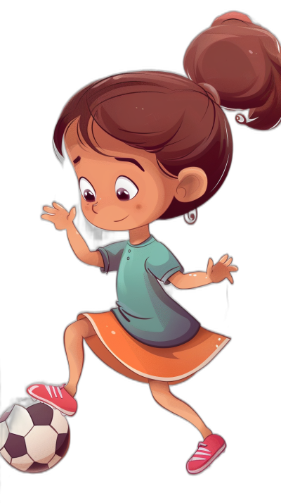 cartoon character of an illustration in the style of Pixar and Disney, featuring a cute little girl playing soccer on a black background. She has brown hair with two buns tied into her head. The colors used should be vibrant and eyecatching. Focus on making it look lively yet simple. It is important to capture the essence of the cartoon art form while maintaining that cute and charming appeal. Isolated on a wide white pastel background at a wide angle.