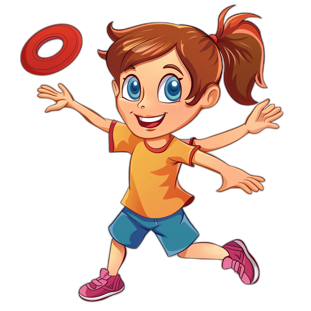 A cartoon girl is playing frisbee in a vector illustration style with a black background and simple lines, colorful , blue eyes, pink shoes, and a happy expression while jumping. She has brown hair in pigtails, wearing an orange T-shirt and dark red shorts with short legs and bright, cheerful movements showing vitality.