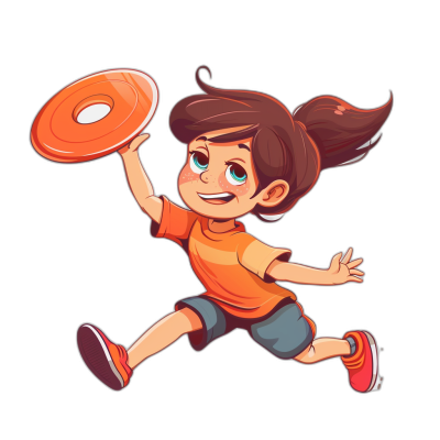 A cartoon-style girl is playing frisbee with exaggerated movements and vibrant colors on her face. She wears an orange t-shirt, blue shorts, red sneakers, has brown hair in pigtails, teal eyes and a playful expression, flying a frisbee against a black background. The illustration should have bold lines, a bright color palette and capture the movement and energy of the character in the style of children's book or casual game art.