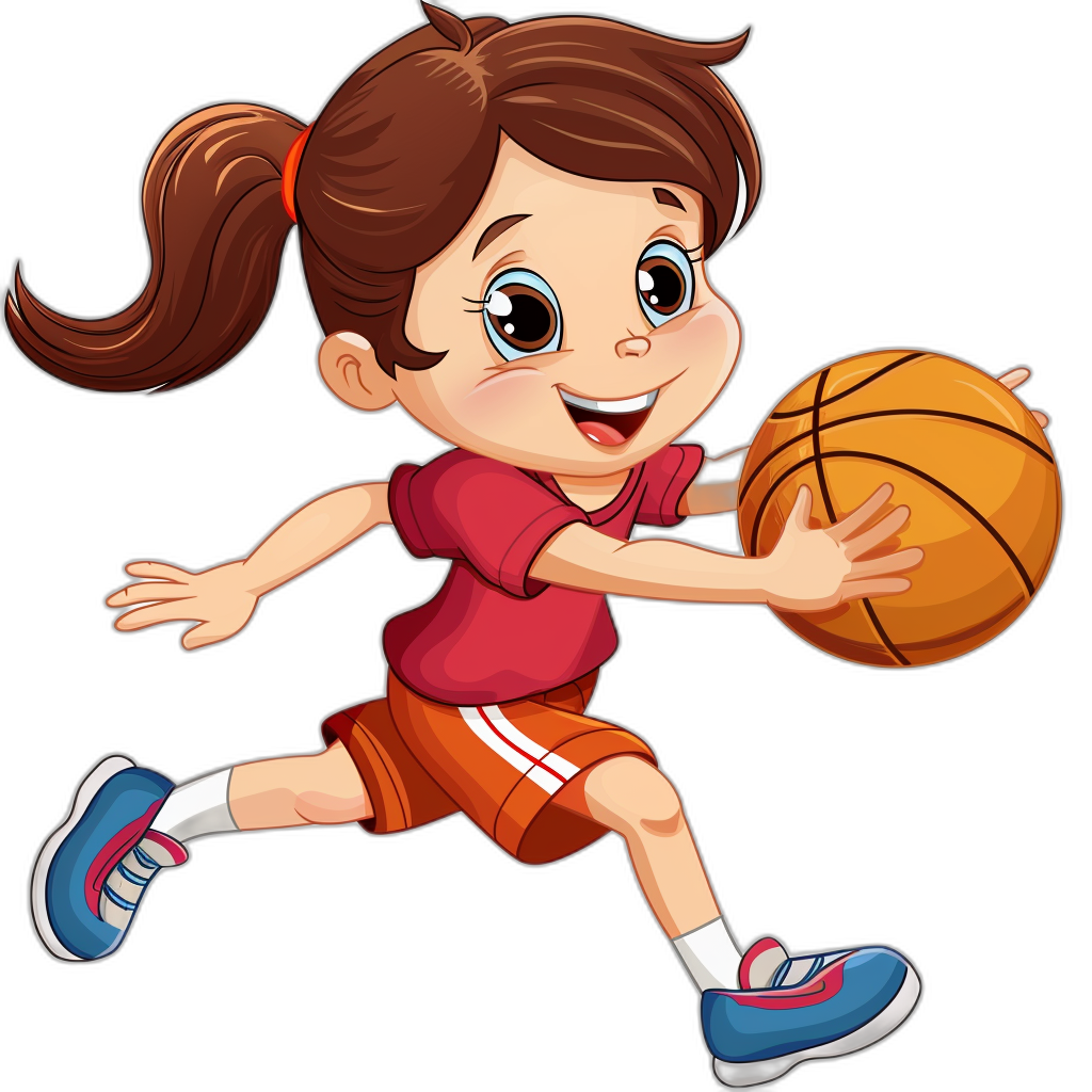 A cartoon girl playing basketball in a vector illustration style with flat design and black background, wearing a red T-shirt, orange shorts, and blue shoes, holding the ball in her hand ready to shoot into the basket. She has a cute expression on her face with simple details. She is smiling while running forward, doing jumps or making layout plays. The character should have vibrant colors and detailed features such as eyes, mouth, hair, feet, etc. in the style of Pixar.