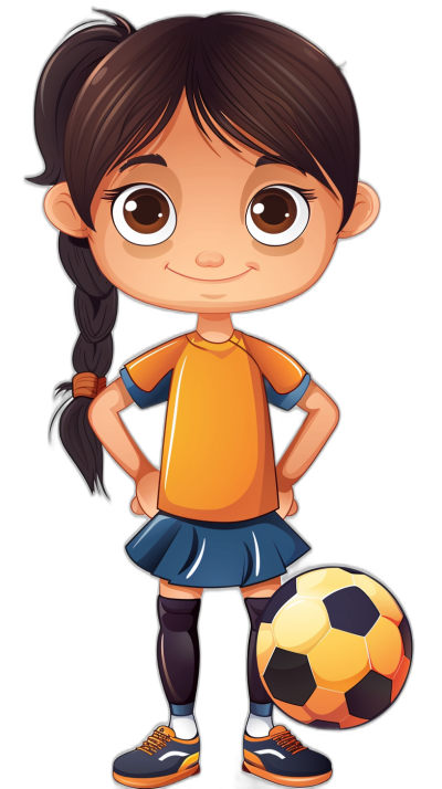 A cute little girl soccer player in the style of Dora The explorer, standing with one foot on an orange and black football ball, she has long dark hair tied back into two braids and is wearing blue shorts over her white tights, she wears brown shoes and yellow shirt, vector illustration cartoon, black background, no outline, full body shot