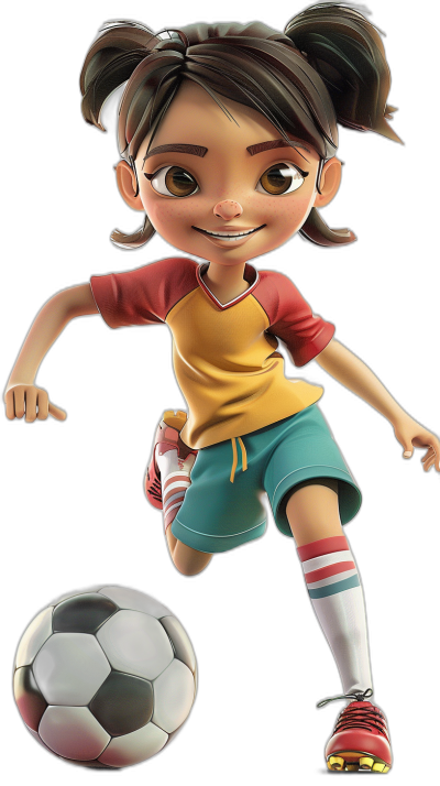 The most beautiful Pixar cartoon soccer character is a girl playing football in a full body pose against a black background. The style is a Pixar cartoon 3D rendering of her wearing a jersey, shorts, socks with red shoes. She has brown hair in pigtails and big eyes with a cute smiling face as she kicks a ball, playing the game for kids.