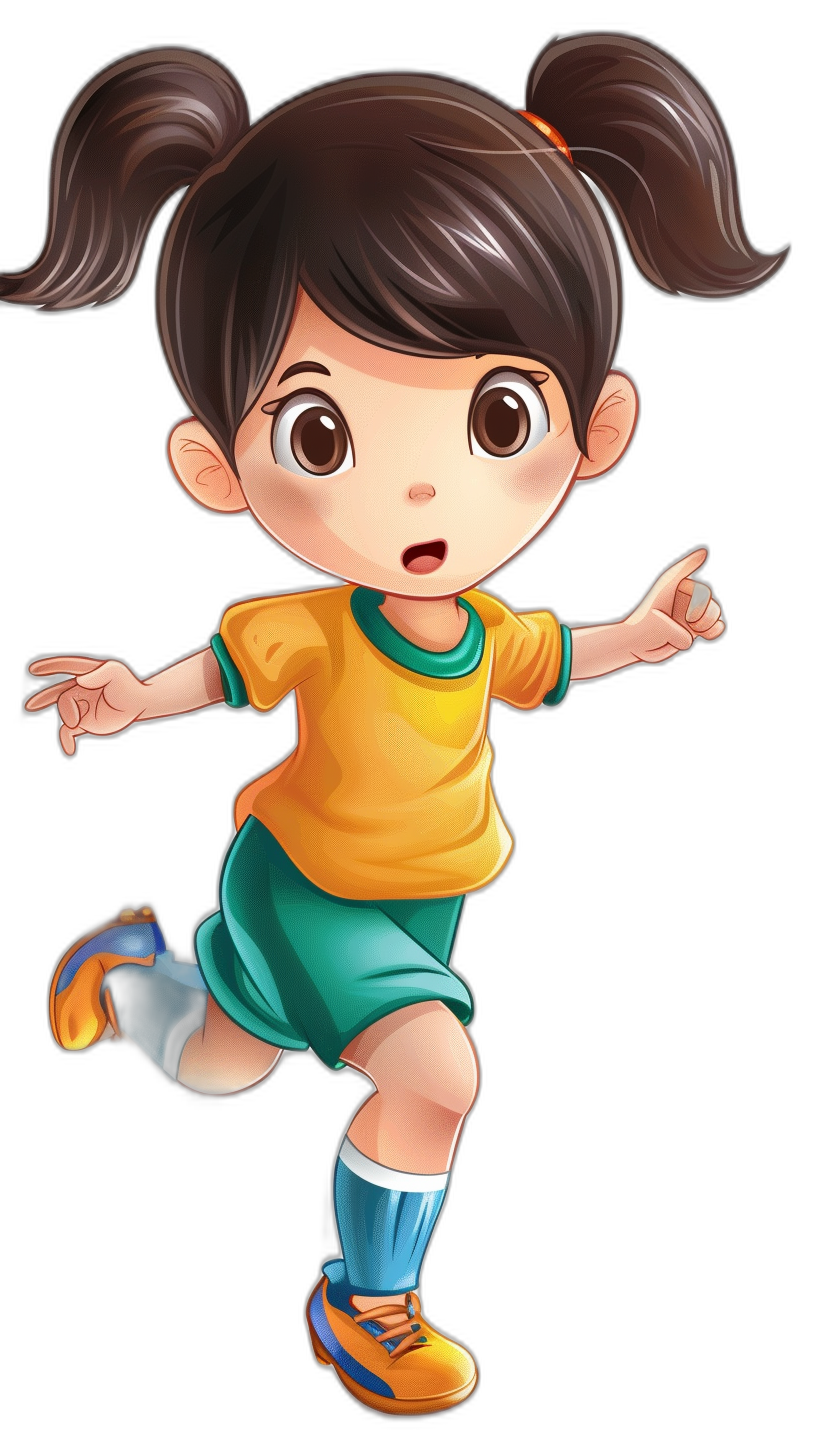 Chibi style, cartoon character of an Asian girl with pigtails in a green and yellow soccer uniform running on a black background in the style of an Asian artist.