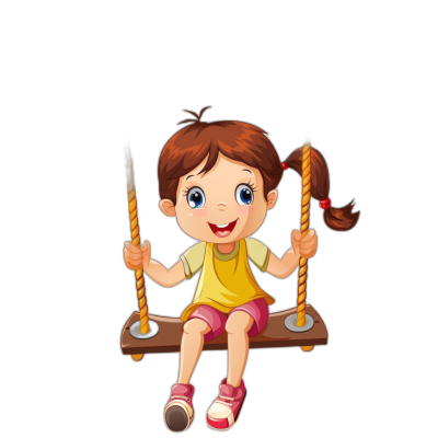 A cute little girl sitting on the swing, with a happy expression, in the style of a cartoon, on a simple black background, in a flat illustration style, with colorful colors, high definition, high resolution, 2D, graphic design.