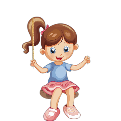 A cute little girl sitting on the end of her wooden stick and swinging, cartoon style vector illustration with black background. She has brown hair in pigtails, blue eyes, pink shoes, wearing short sleeves tshirt and skirt. The design is simple yet charming, featuring clean lines and flat colors to capture your audience's attention.,,in