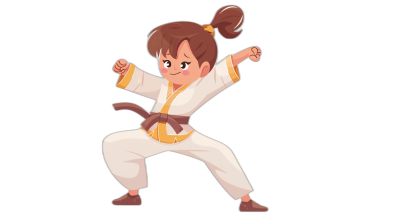 A little girl is practicing martial arts in the style of a cartoon style, vector illustration with flat design on a black background. She has brown hair in pigtails and wears white pants with yellow accents and her belt colors match the outfit. Her posture exudes confidence as she strikingly breathes each movement while doing karate stances, showcasing strength and determination. The character's expression radiates joy, capturing their love for combat sports.